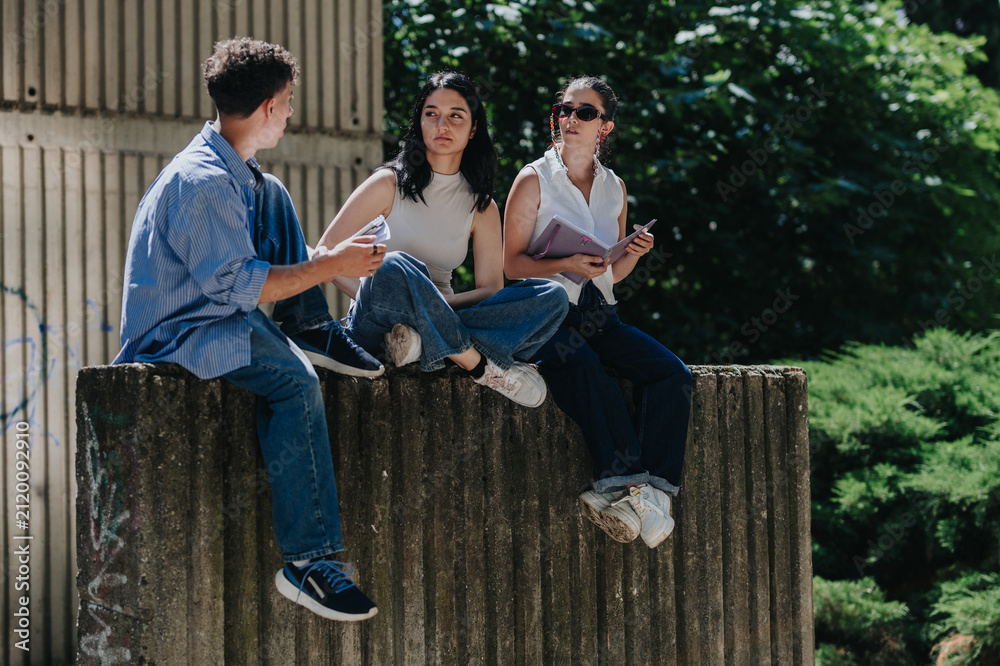 Obraz premium Three students sit on a concrete wall, holding notebooks and talking. Casual campus friends chat and study together outdoors amid greenery.