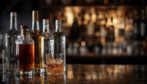 Bottles of spirits and a glass of whiskey on a polished bar counter with warm bokeh lights in the background. Scene conveys a cozy evening bar atmosphere for beverage or hospitality use.