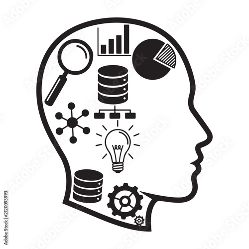 Human head silhouette containing data including light bulb, magnifying glass, database, and charts, black and white