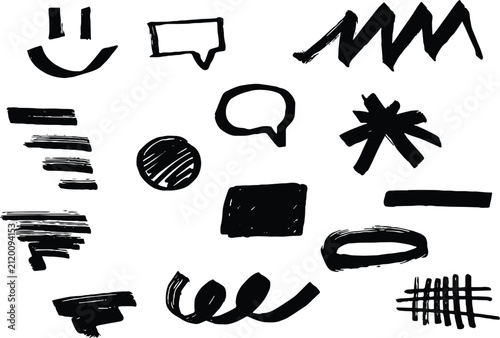 Hand drawn grunge elements set. Abstract shapes, arrows, speech bubbles, brush strokes, scribbles.