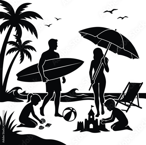 Photography Family beach vacation silhouette showing parents and children surfing, building