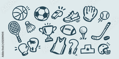 Sports Equipment Doodle Vector Set Illustration