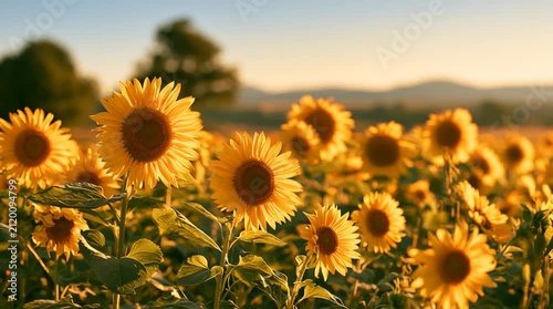Blühendes Sonnenblumenfeld im warmen Abendlicht. Sommerliche Agrarlandschaft mit gelben Blüten, nachhaltiger Landwirtschaft, Natur, Wachstum und goldener Stimmung.