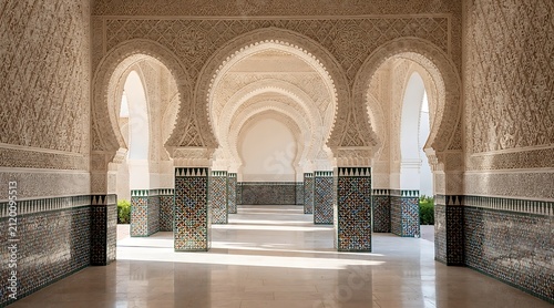 Ornate Moorish Arches Hallway with Sunlight and Shadows.