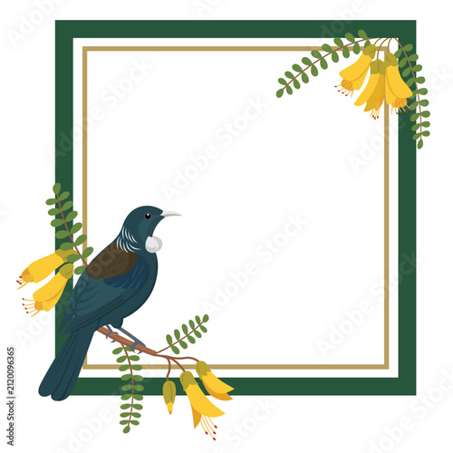 Decorative Frame with Native New Zealand Tui and Kowhai Flowers