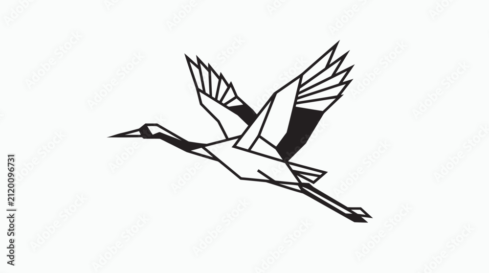 Fototapeta premium Geometric Crane Flying, Origami Style, Minimalist Bird Icon, Abstract Wildlife Art, Black and White Vector