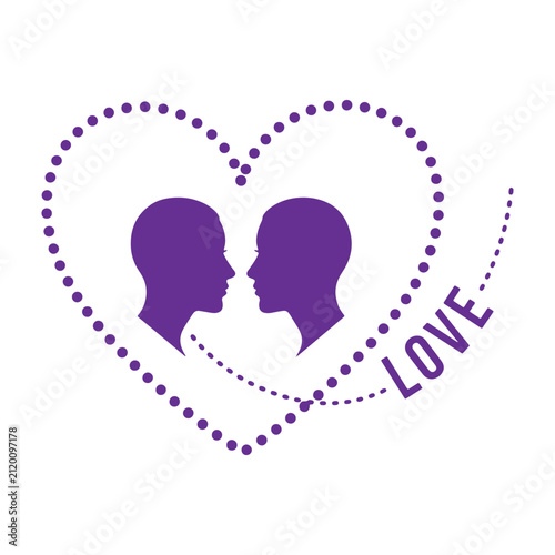 Two purple human head silhouettes facing each other inside a dotted heart shape with the word love on a white background, for romance