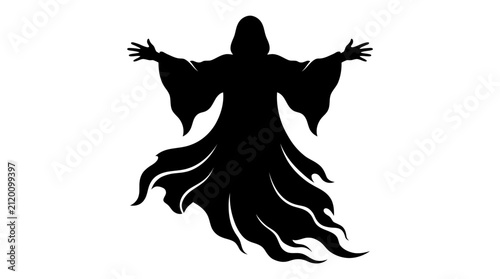 Foto A solemn black ghost figure with a hooded head and flowing robes extends its arms outward in a welcoming or commanding gesture, appearing as an imposing silhouette against a clean white background
