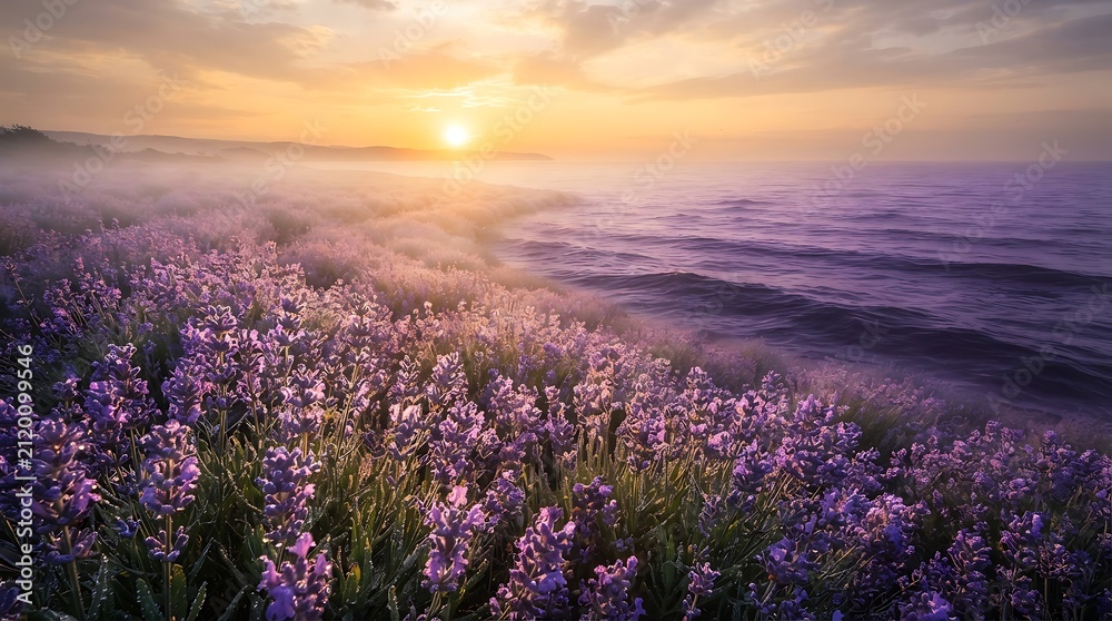 Obraz premium Beautiful purple lavender field overlooking the ocean during a misty golden sunrise.