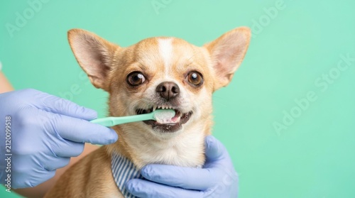 Adorable chihuahua grinning as its teeth are brushed in a bright and tidy environment