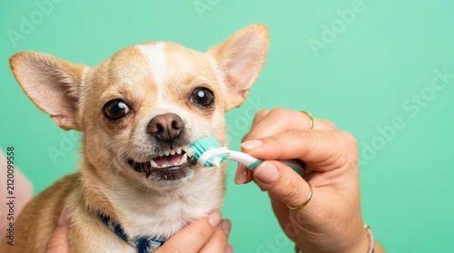 Cute chihuahua dog enjoying a teeth cleaning session with a toothbrush against a bright green background