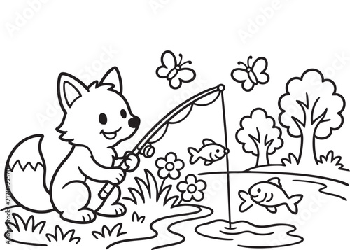 Cute Fox Fishing Coloring Page Black and White Vector Illustration for Kids