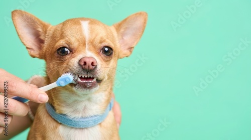 Charming chihuahua dog smiling while getting teeth brushed with a toothbrush for optimal oral hygiene