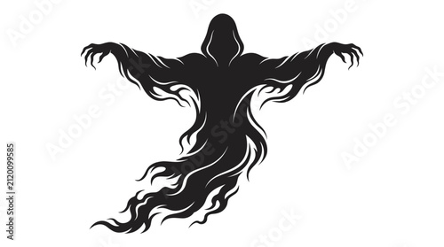Foto A shadowy, hooded figure with outstretched arms and flowing, spectral tendrils emanating from its body is depicted in a menacing pose, evoking a ghostly or supernatural presence