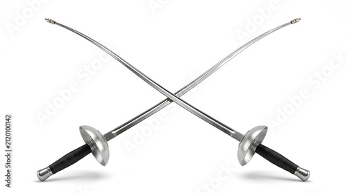 A Pair of Professional Flexible Steel Fencing Foil Swords with Sturdy Black Handles and Protective Metallic Guards Isolated on White