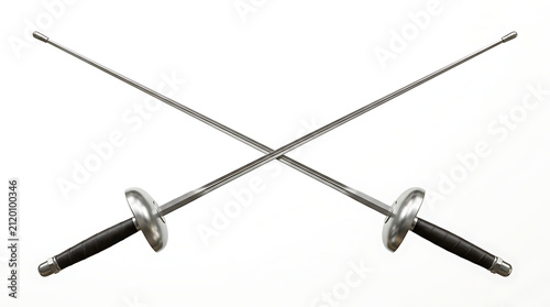 Two Professional Steel Fencing Foil Weapons with Traditional Metal Bell Guards Crossed on a Clean Minimalist White Background