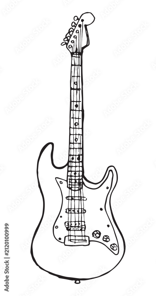 Fototapeta premium Electric guitar hand drawn illustration, rock guitar instrument line doodle, music sketch isolated on white background, vector art