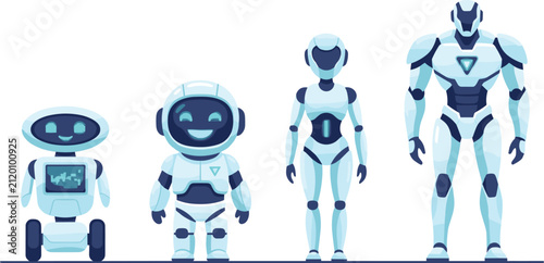 Foto Artificial Intelligence Robot Evolution Set Featuring Cute Helpers and Powerful