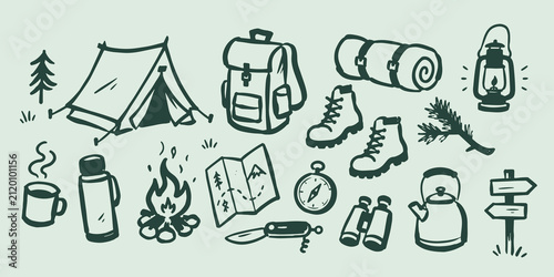 Camping and Hiking Gear Doodle Vector Set Illustration