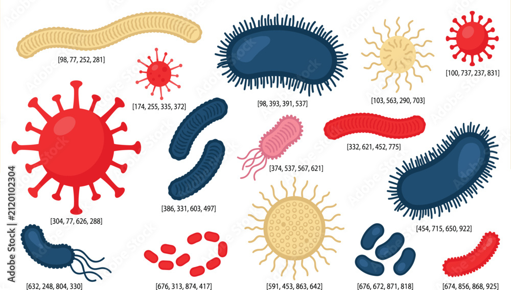 Fototapeta premium Microbiology vector illustration featuring colorful viruses, bacteria, and microbes with coordinate labels on a white background