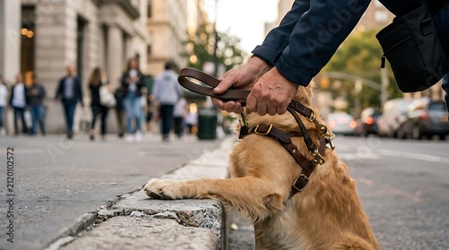 Guide dog and handler on city street with blurred pedestrians and traffic