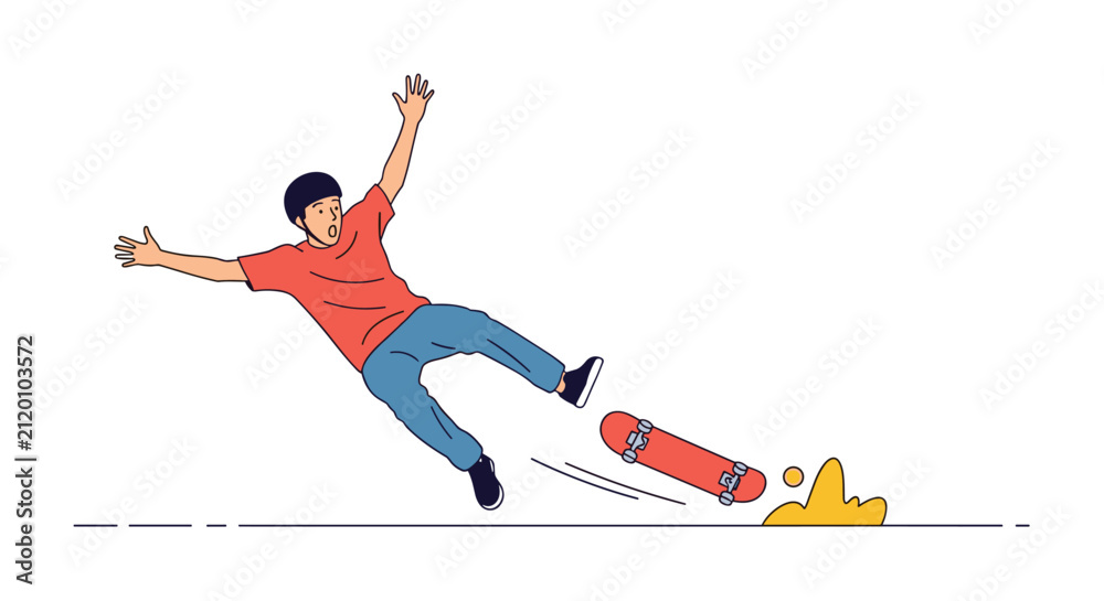 Fototapeta premium Dynamic illustration of a young man wearing a helmet losing his balance and falling off his red skateboard on the street.