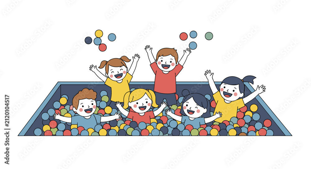 Fototapeta premium Group of diverse and happy children jumping and playing together in a large colorful ball pit at an indoor playground.