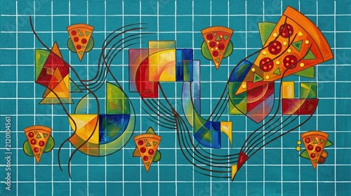 An abstract oil painting depicting colorful geometric shapes and stylized pizza slices floating over a blue grid pattern connected by brown curved lines.