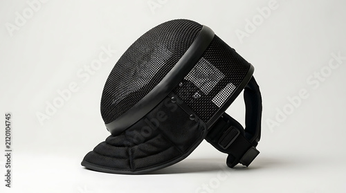  Side View of a Professional Black Fencing Mask on White Background Specialized Protective Headgear for Combat Sports Mesh Screen and Padded Bib Detail for Fencer Safety and Performance Gear