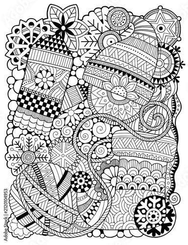Vector Christmas Coloring book for adult. Fantasy doodle winter design on a white background