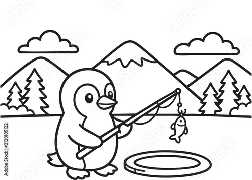 Cute Penguin Ice Fishing Coloring Page Black and White Vector Illustration