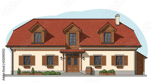 Traditional European style house features a red tiled roof with three dormer windows and classic architecture for a cozy residential home.