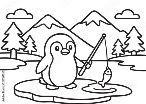 Cute Penguin Ice Fishing Coloring Page Black and White Vector Illustration