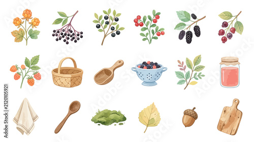 Bild auf Leinwand Set of watercolor forest berries and foraging tools for autumn harvest collection