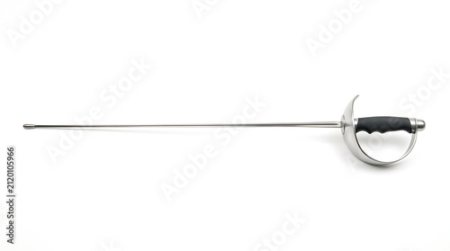 Side View of a Professional Fencing Sabre with Protective Guard and Black Grip Studio Shot of Competition Grade Fencing Weapon Isolated on White Background for Sports and Training