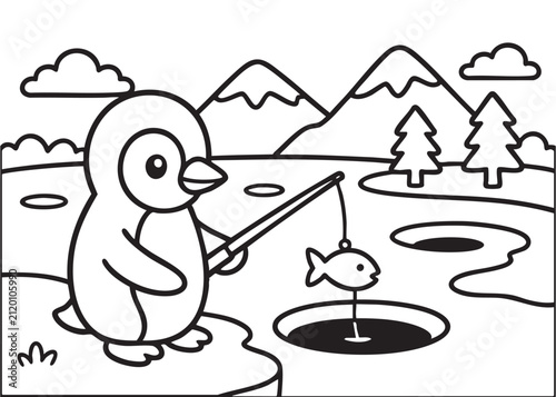 Cute Penguin Ice Fishing Coloring Page Black and White Vector Illustration
