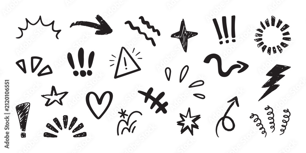 Fototapeta premium Crayon drawn attention symbols and doodle emphasis marks collection. Hand drawn doodle burst elements set, sketchy emphasis marks, comic explosion lines, scribble highlights and decorative accent