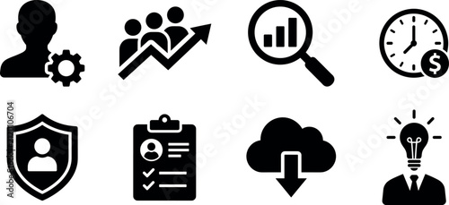 Corporate and business icons set covering strategy management analytics cloud and safety.