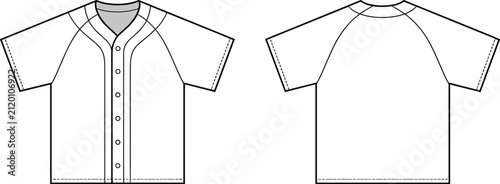 Fotografía Technical fashion sketch of a baseball jersey with button front and raglan sleev