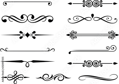 Set of black calligraphic decorative dividers and borders for elegant stationery design.
