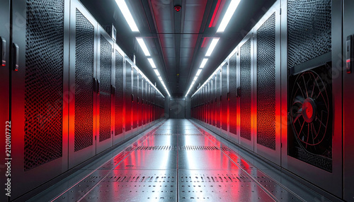 A modern futuristic server room corridor glows with red light. This secure hightech data center represents cloud computing, big data, cybersecurity, and AI, with no people.