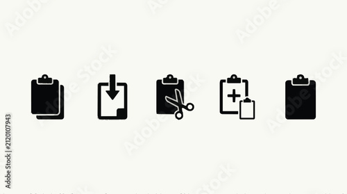 Flat icons showing clipboard actions with download, edit, cut, add and save functions