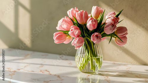 A vase of pink tulips on a marble table
