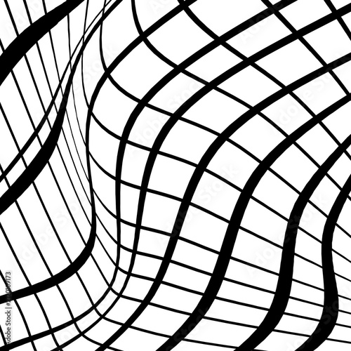 Monochrome optical illusion distorted grid pattern with black curved lines