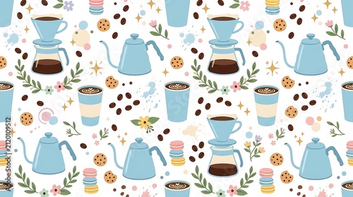 Seamless Pattern with Coffee Brewing Tools and Beans on White Background.