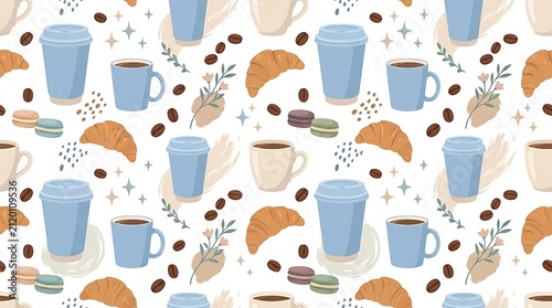 Seamless Pattern with Coffee Cups Croissants and Macarons.