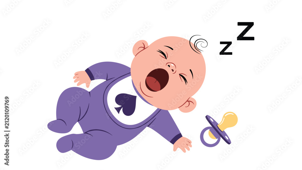 Fototapeta premium Sweet baby sleeping soundly in a purple onesie with a spade symbol while a pacifier lies on the floor nearby in this peaceful scene.