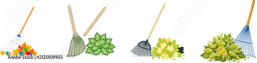 A flat vector illustration depicts a wooden rake with clean lines and solid colors, leaning against a pile of colorful autumn leaves on a white background