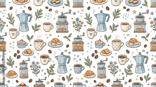 Seamless Pattern with Hand-Drawn Coffee Elements and Pastries.