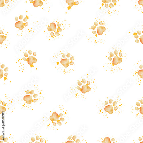 Seamless pattern with watercolor golden animal paw prints on white background
